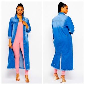 J. ELISE BOUTIQUE JEAN BUTTON DOWN MEDIUM DENIM LONG TRENCH COAT JACKET